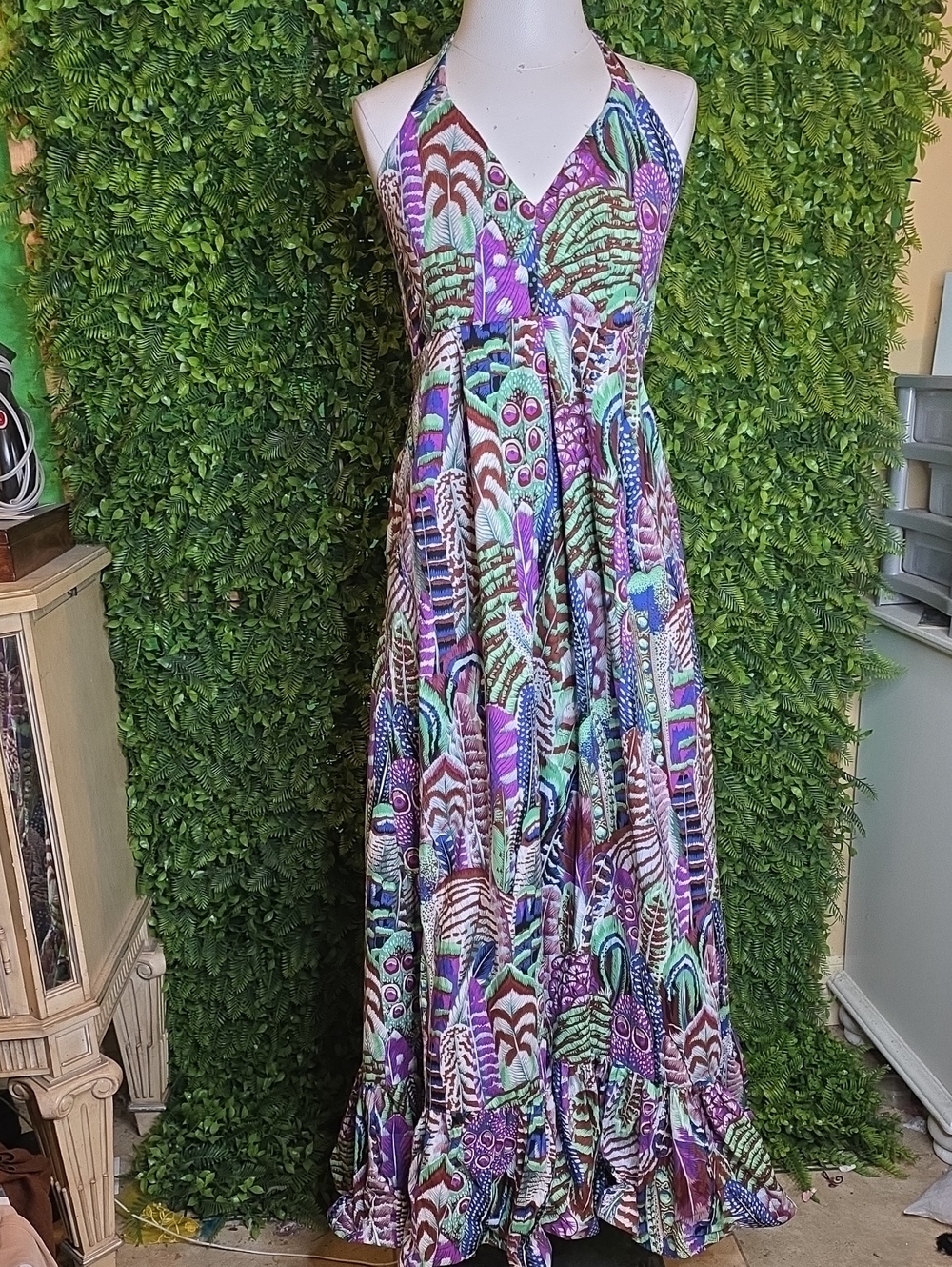 Sleeveless V-Neck Maxi Dress in Purple & Teal Print